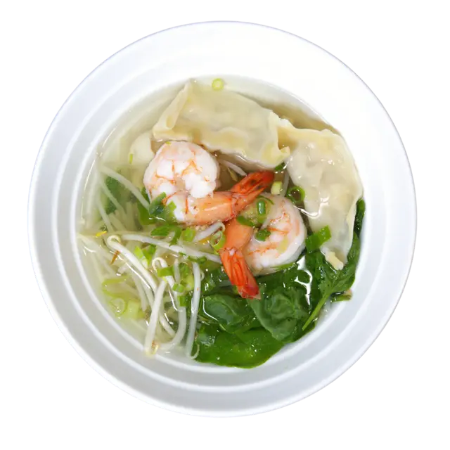 Wonton soup with shrimp, bean sprouts, spinach and scallions in clear broth
