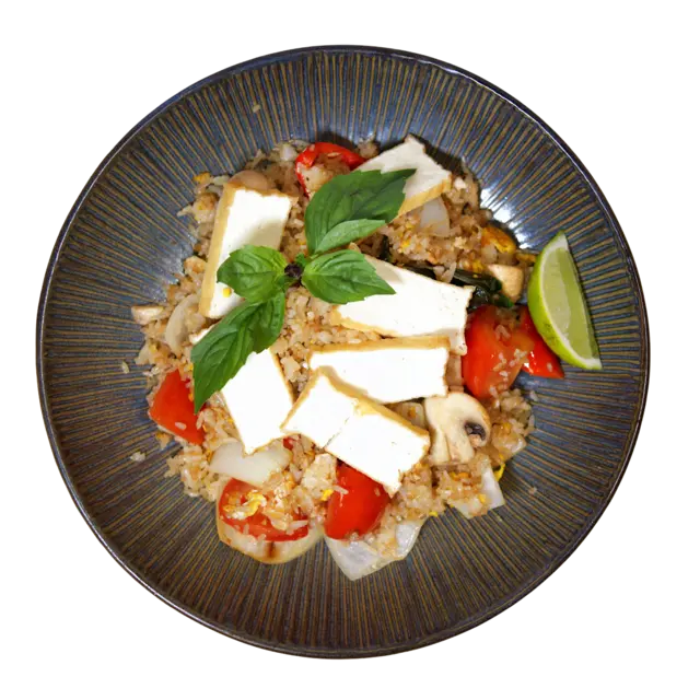 Basil fried rice with tofu, Thai basil, tomato, onion and mushroom