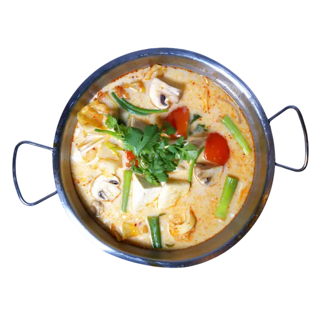 Tom Kha — coconut milk soup with mushrooms, tomato, galangal, lemongrass and scallions