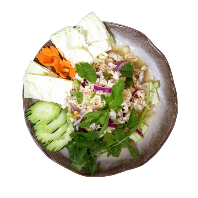 Chicken larb — minced chicken with red onion, mint, cilantro and toasted rice, with cabbage and cucumber