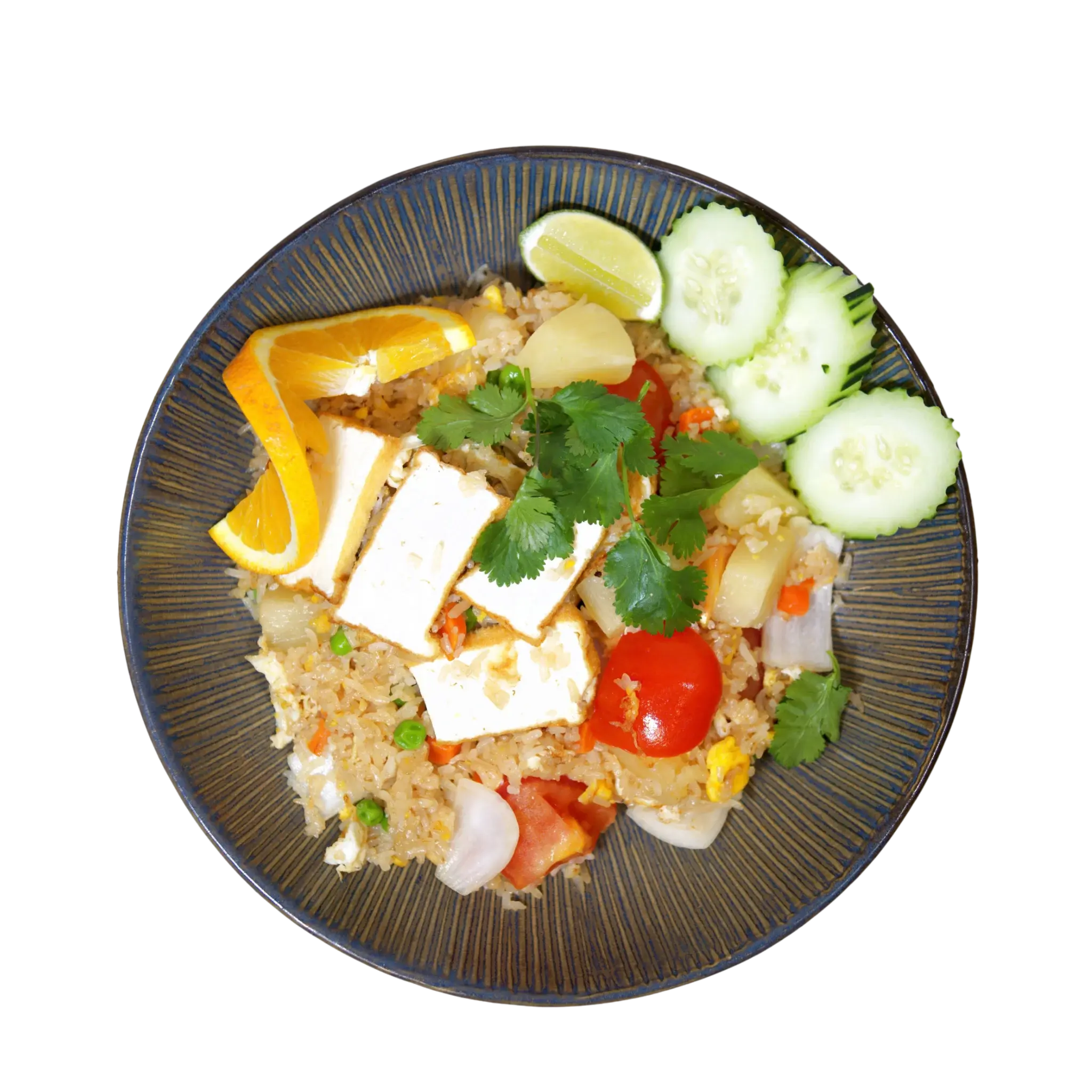 Pineapple fried rice at Magnolia Thai — Thai fried rice with pineapple, tofu, peas, carrot, tomato and cucumber