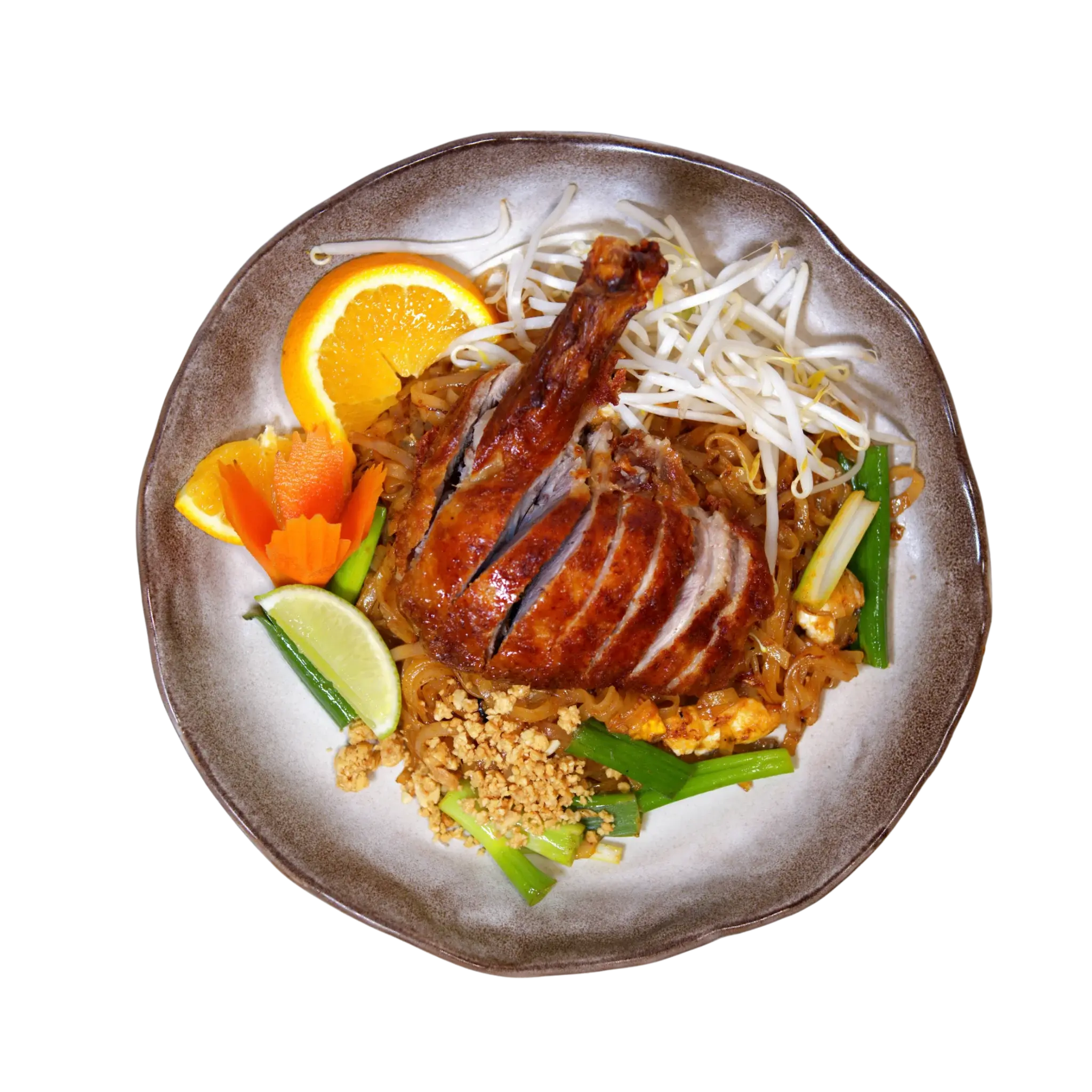 Pad Thai Duck at Magnolia Thai — Pad Thai rice noodles with crispy roasted duck, bean sprouts, ground peanuts and lime
