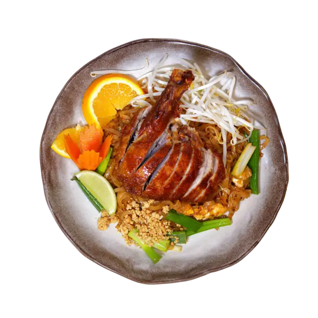Pad Thai Duck — rice noodles with crispy roasted duck, bean sprouts, ground peanuts and lime