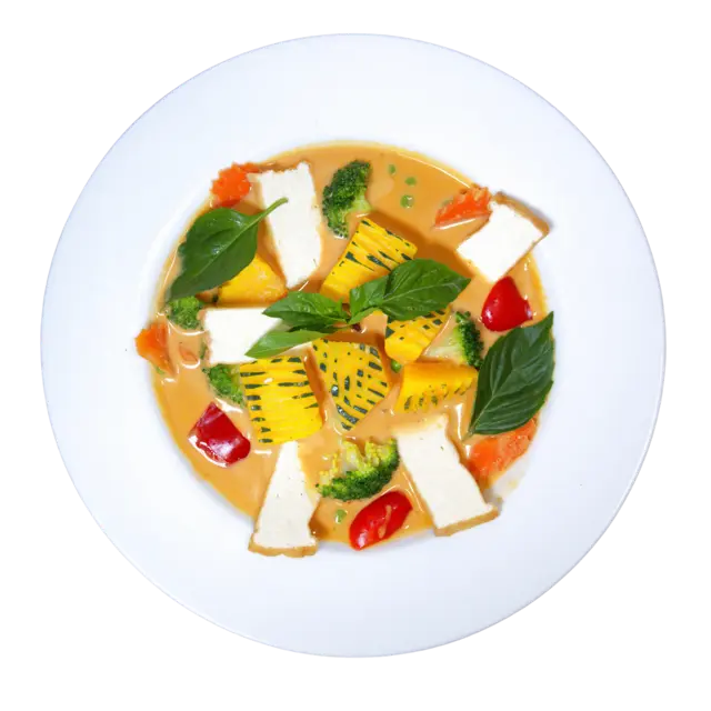 Red curry with tofu, pineapple, bell pepper, broccoli and Thai basil